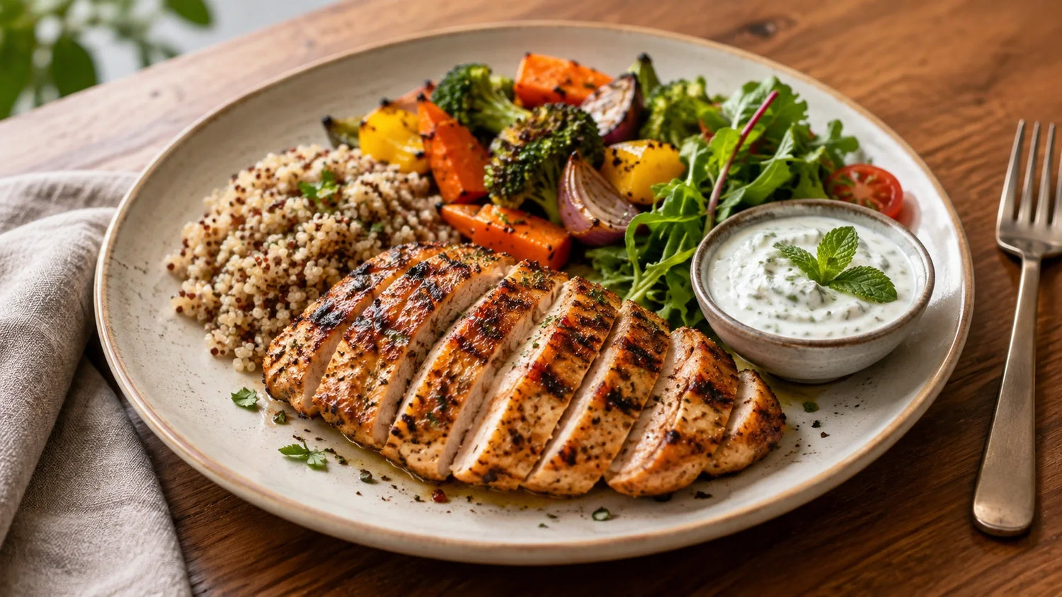 Sliced grilled chicken breast served with quinoa, roasted vegetables, and a mint-curd dip on a plate for a high protein chicken meal.