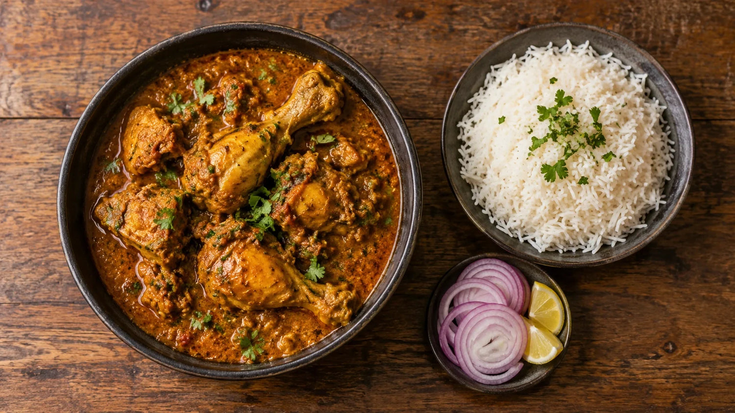 Home-style chicken curry made with fresh bone-in curry cuts, served with steamed basmati rice, sliced onions, and lemon