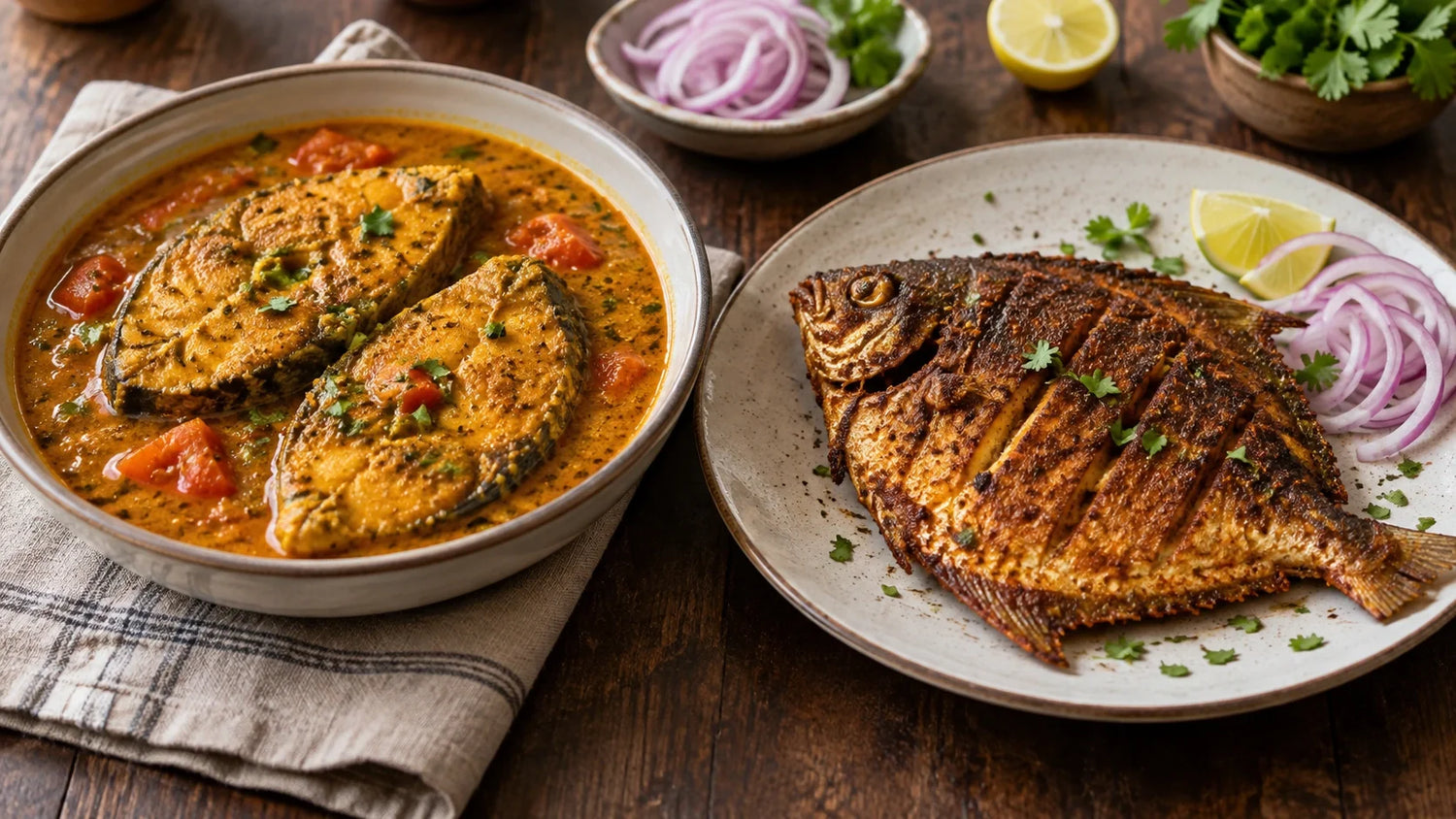 Fish curry made with kingfish steaks served alongside a whole pan-fried pomfret with sliced onions and lemon