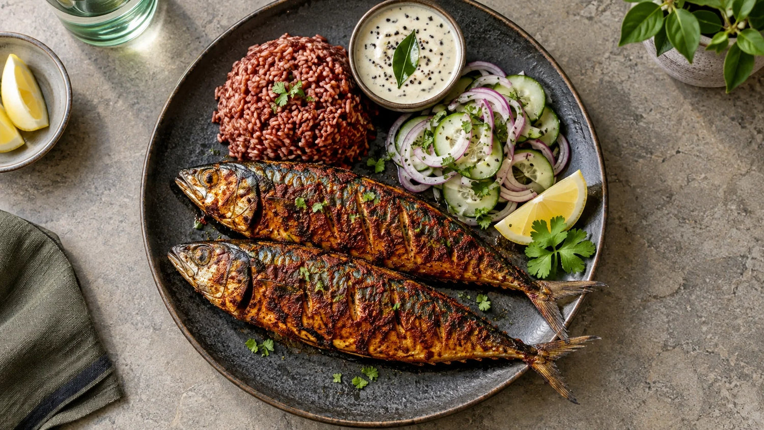 Cooked Indian mackerel served with vegetables, lemon and a light spice marinade