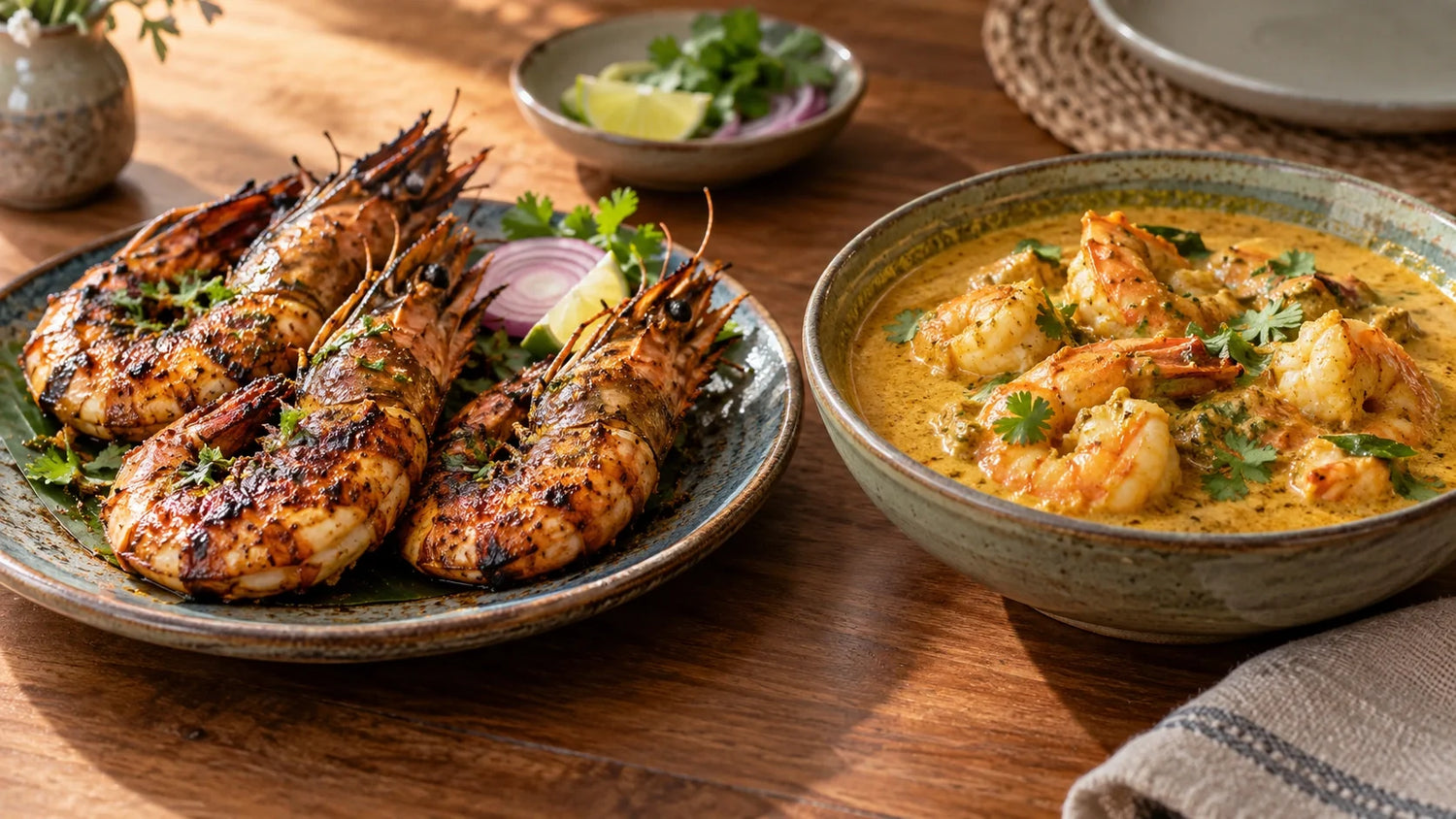 Large grilled tiger prawns served alongside a bowl of creamy coconut prawn curry made with peeled white prawns.