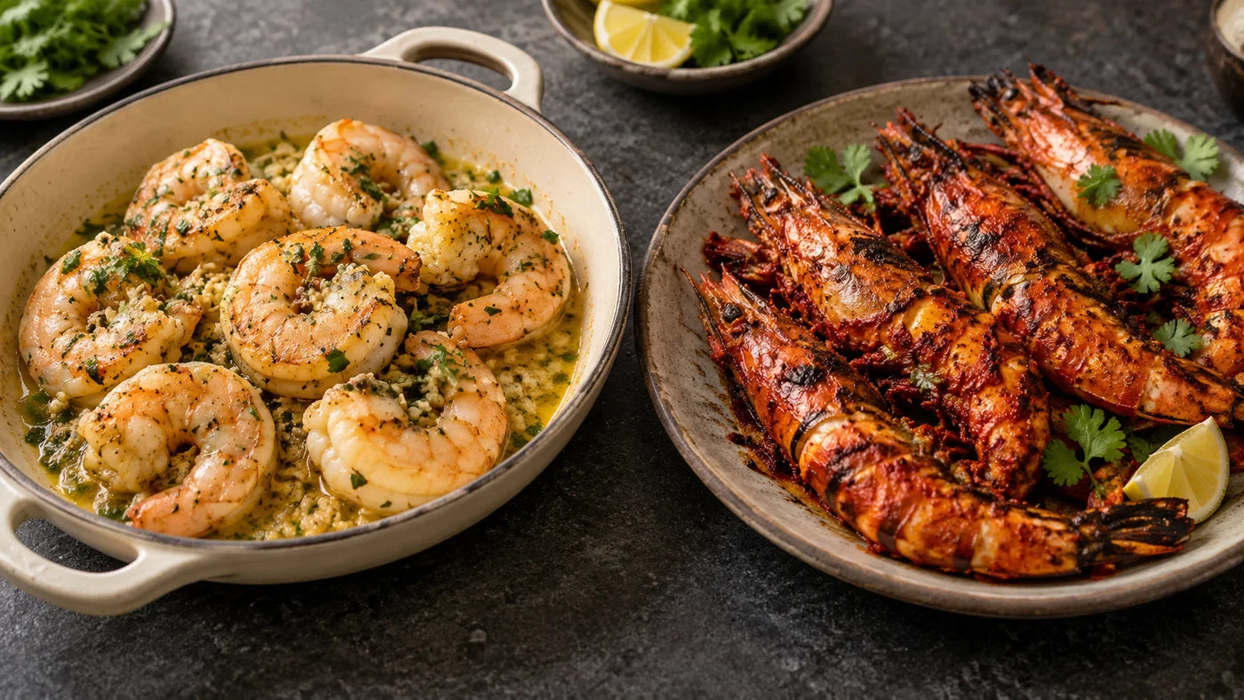  A side-by-side comparison of garlic butter king prawns in a skillet next to charred grilled tiger prawns on a plate.