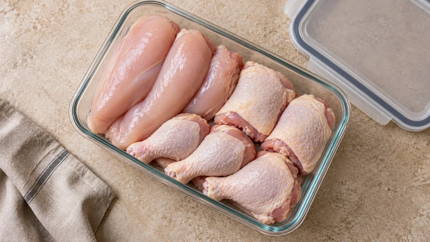 Fresh raw chicken cuts, including breasts, drumsticks, and thighs, arranged neatly in an airtight glass container to safely store raw chicken in the fridge.