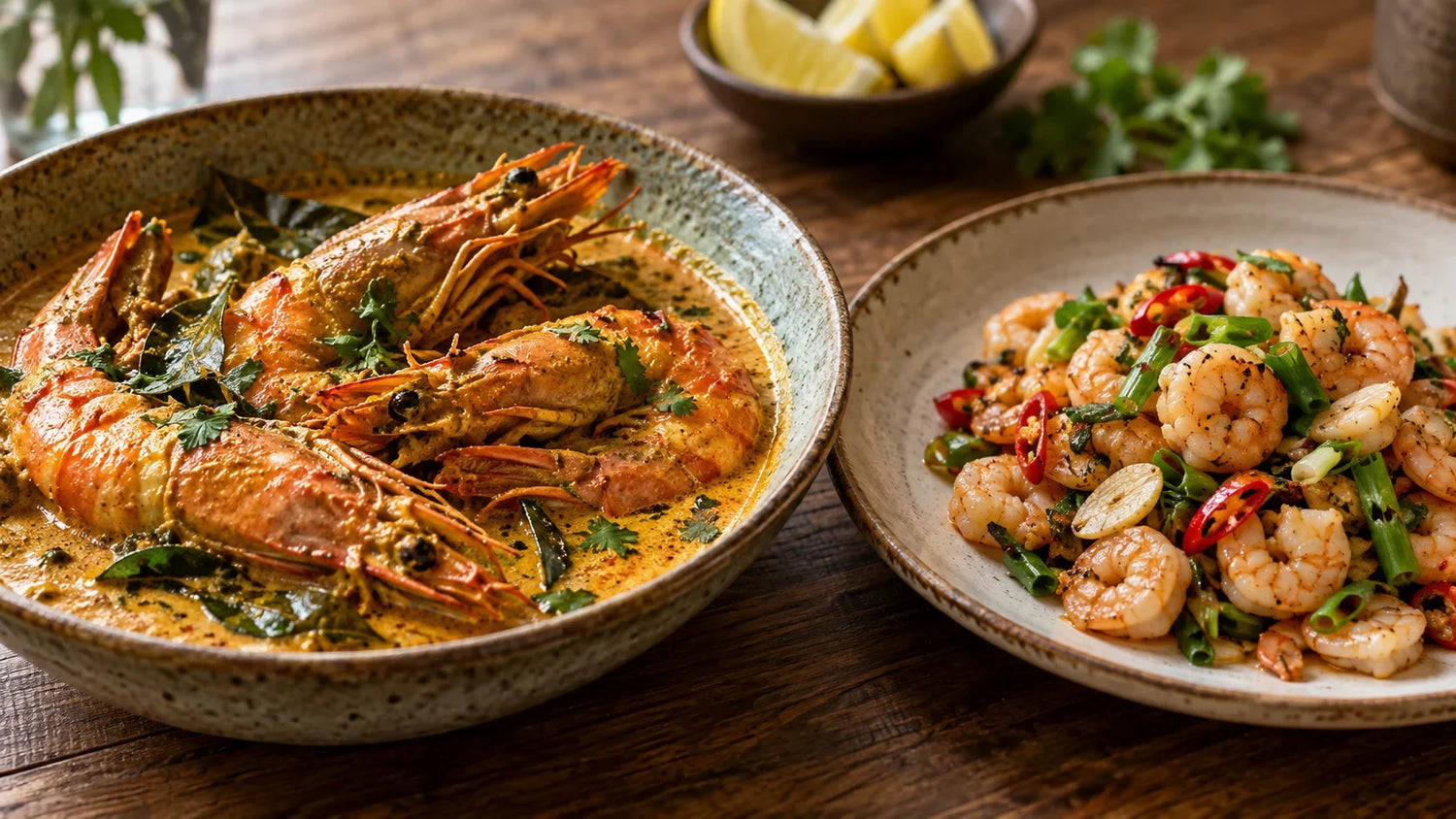 A side-by-side comparison of large whole prawns in a rich coconut curry alongside peeled, small shrimp stir-fried with garlic and chilies.