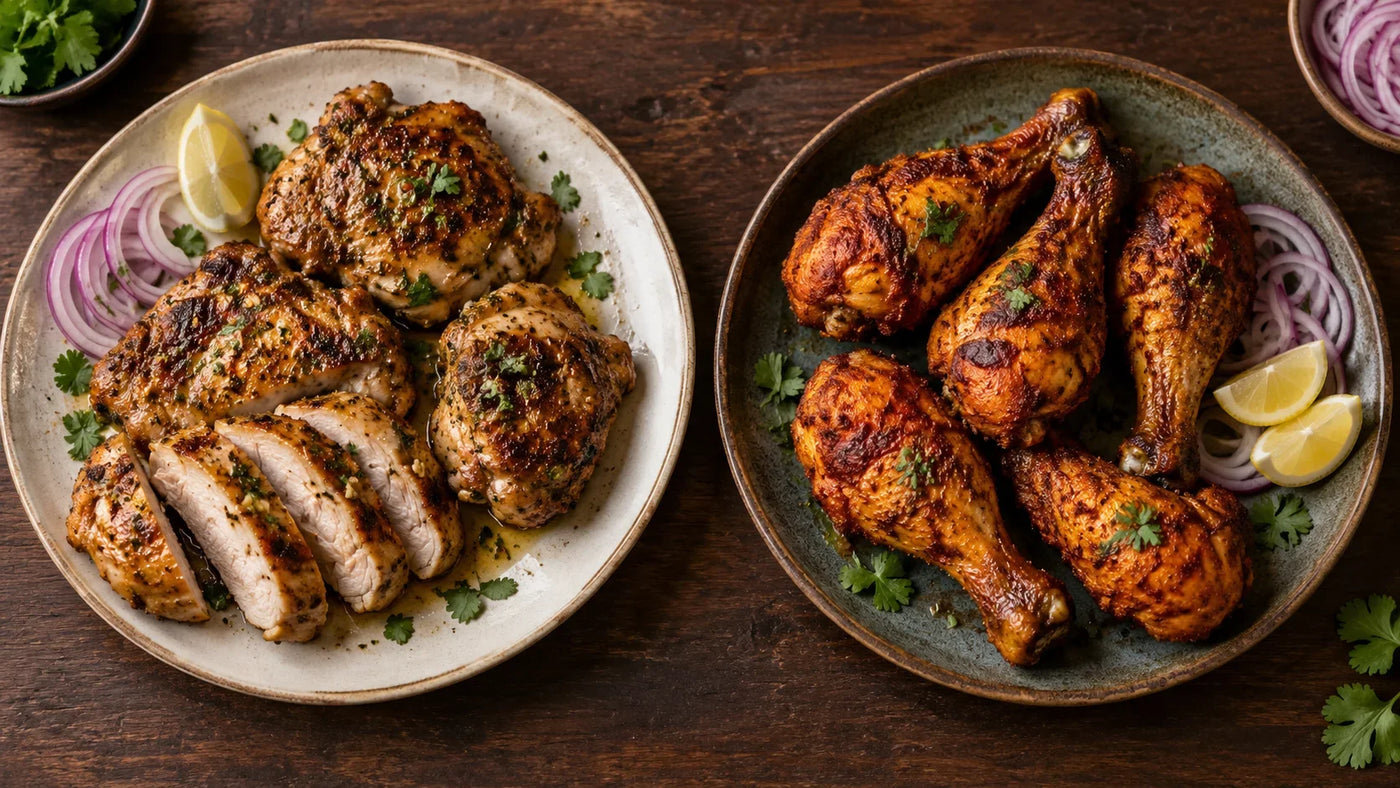 Juicy grilled boneless chicken thighs sliced on a plate alongside spiced roasted chicken drumsticks.