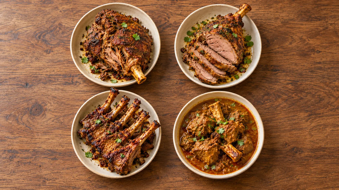 Fresh mutton cuts including shoulder, leg, ribs and curry pieces prepared for cooking