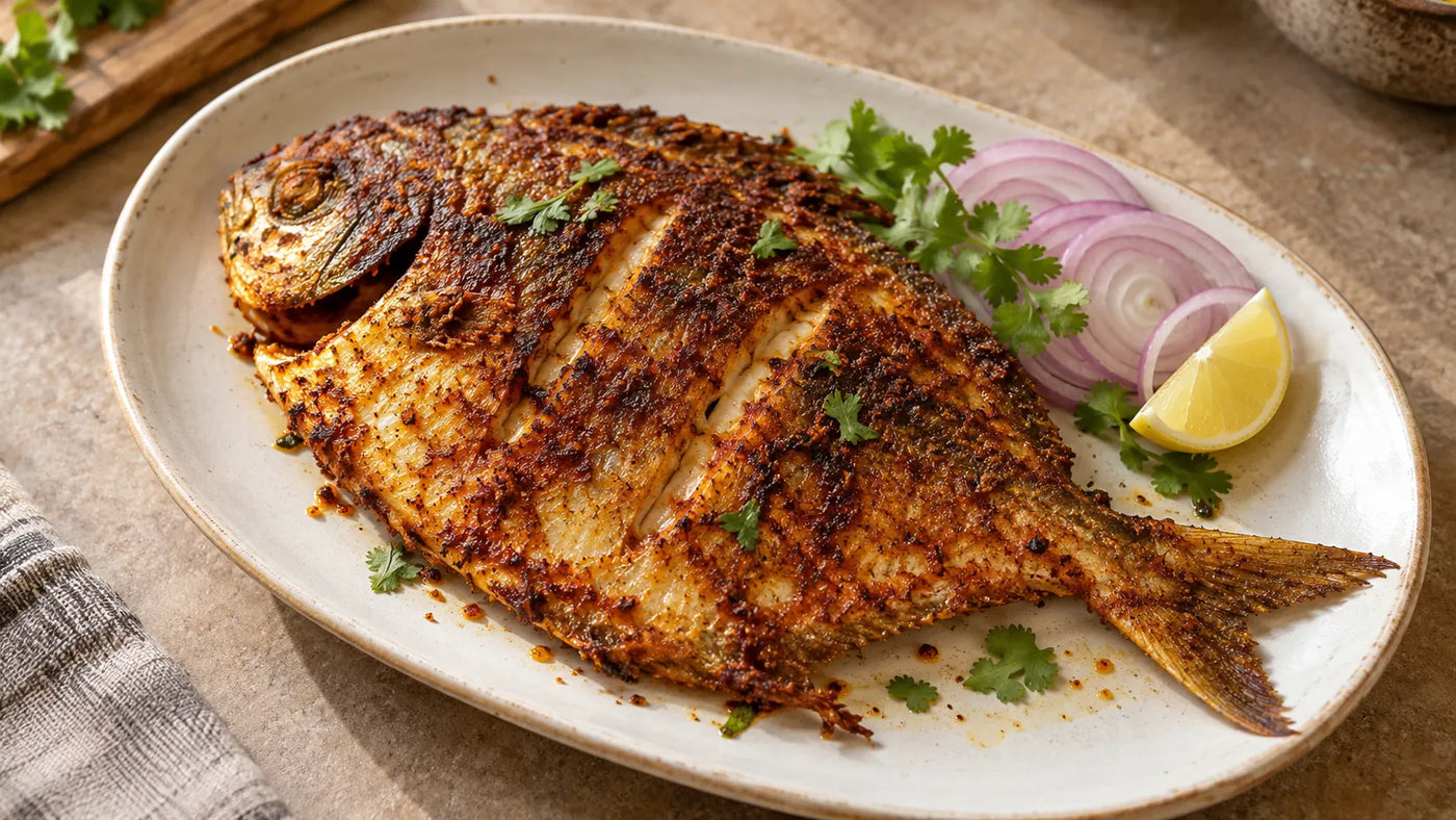 Whole pomfret coated with Indian spices and pan-fried until golden