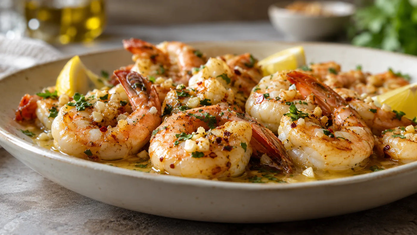 Butter garlic prawns cooked with garlic, butter, herbs and lemon