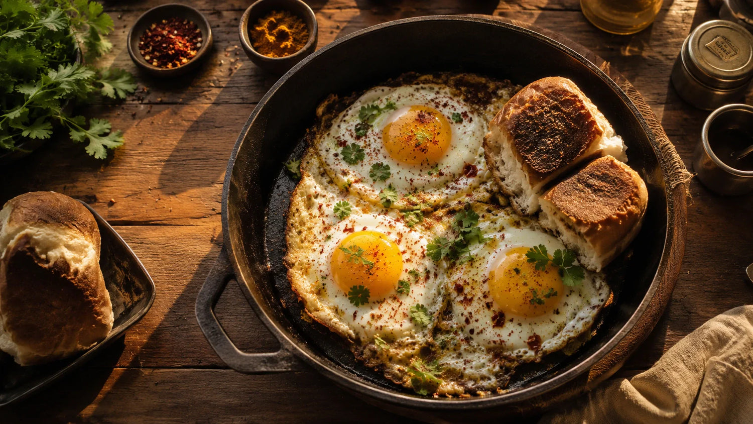 Fresh brown eggs cracked into a hot skillet for a high protein post workout breakfast.