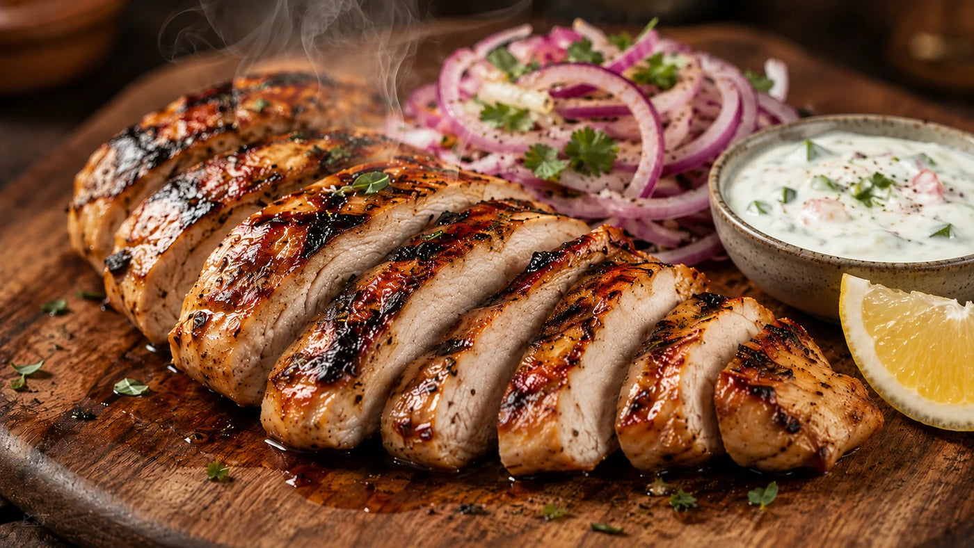 Raw and cooked chicken breast portions on a cutting board showing nutrition facts.