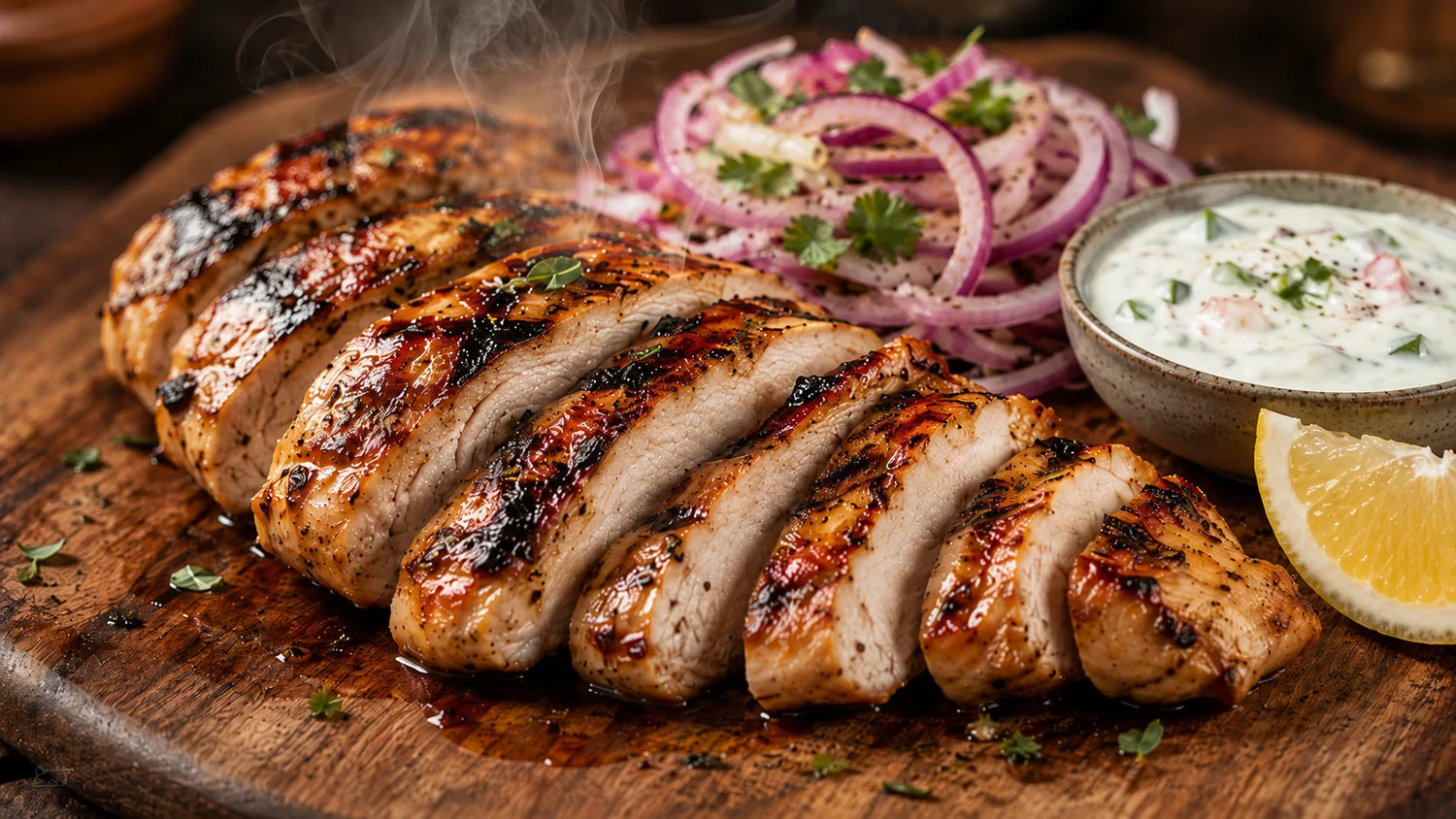 Raw and cooked chicken breast portions on a cutting board showing nutrition facts.