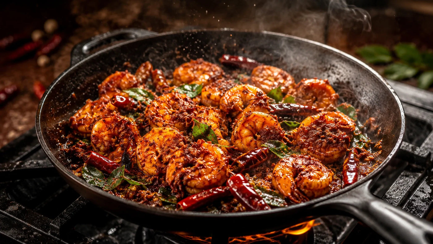 Freshly peeled prawns cooking in a hot skillet with garlic and olive oil.