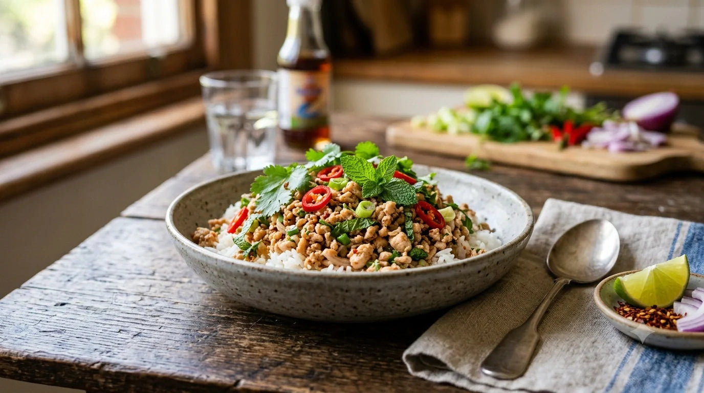 A hot skillet of spiced chicken keema garnished with fresh coriander and green chilies.
