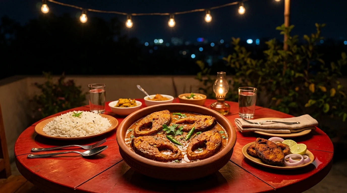 A fresh, clean cut of raw Rohu fish resting on a banana leaf surrounded by traditional Indian spices.