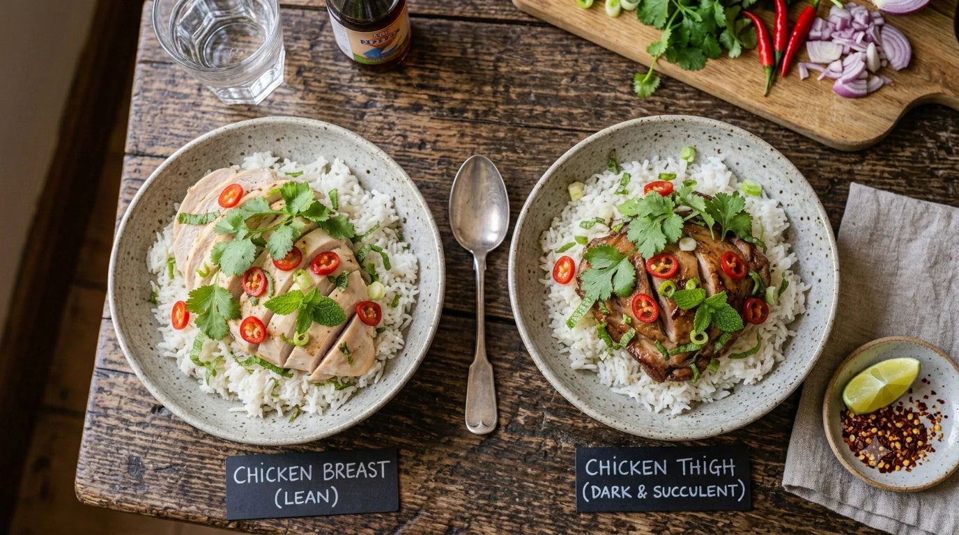 A wooden cutting board displaying a raw lean breast cut next to a juicy dark meat cut.