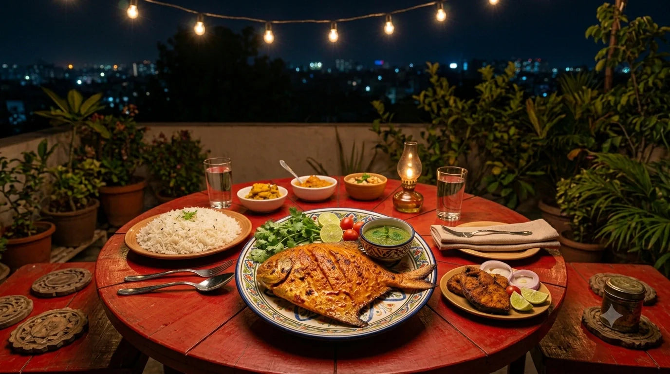 A beautifully pan seared pomfret fish resting on a dark ceramic plate with fresh lemon wedges.