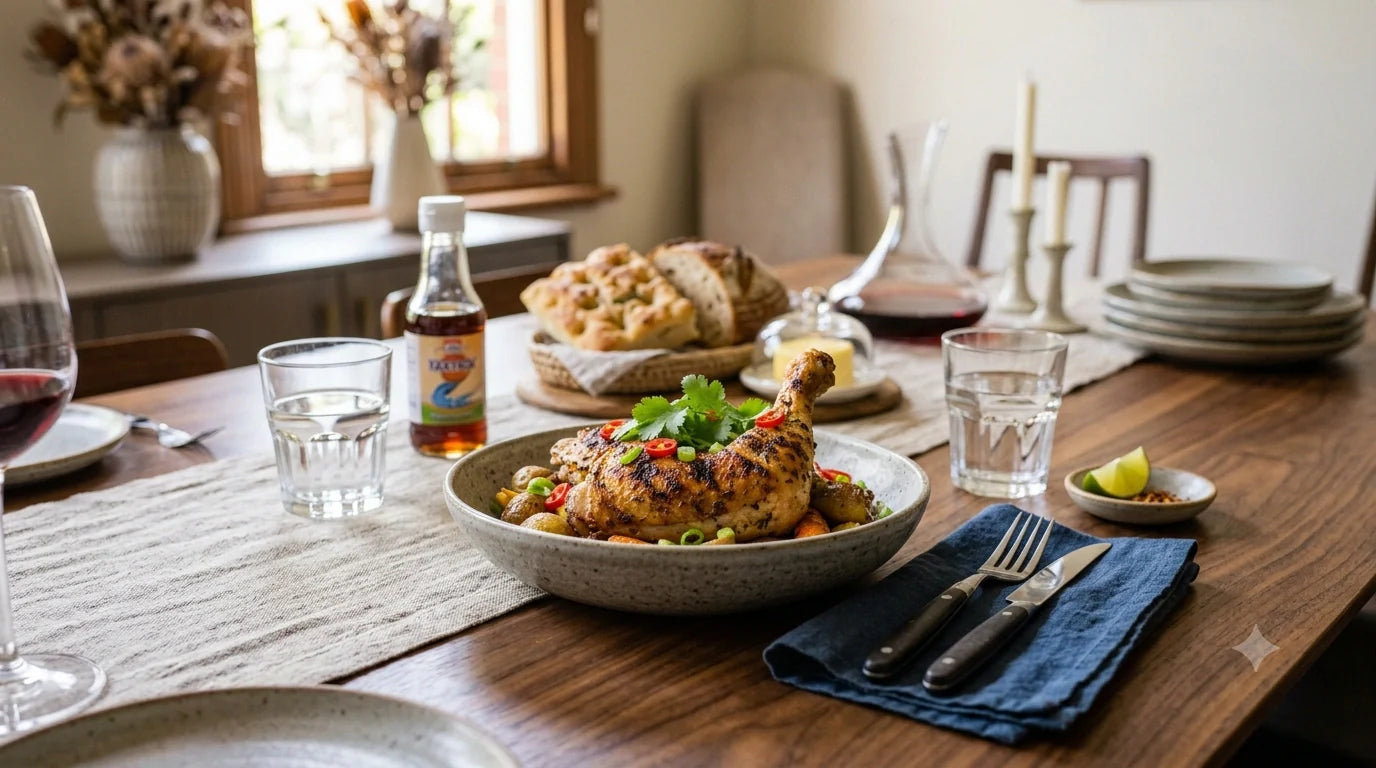 A beautifully roasted chicken leg piece resting on a rustic wooden plate with fresh herbs.