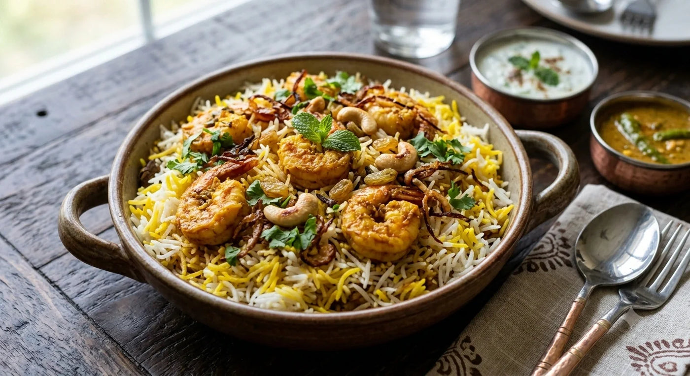 A traditional copper pot filled with steaming aromatic homemade prawn biryani garnished with fried onions and fresh mint.