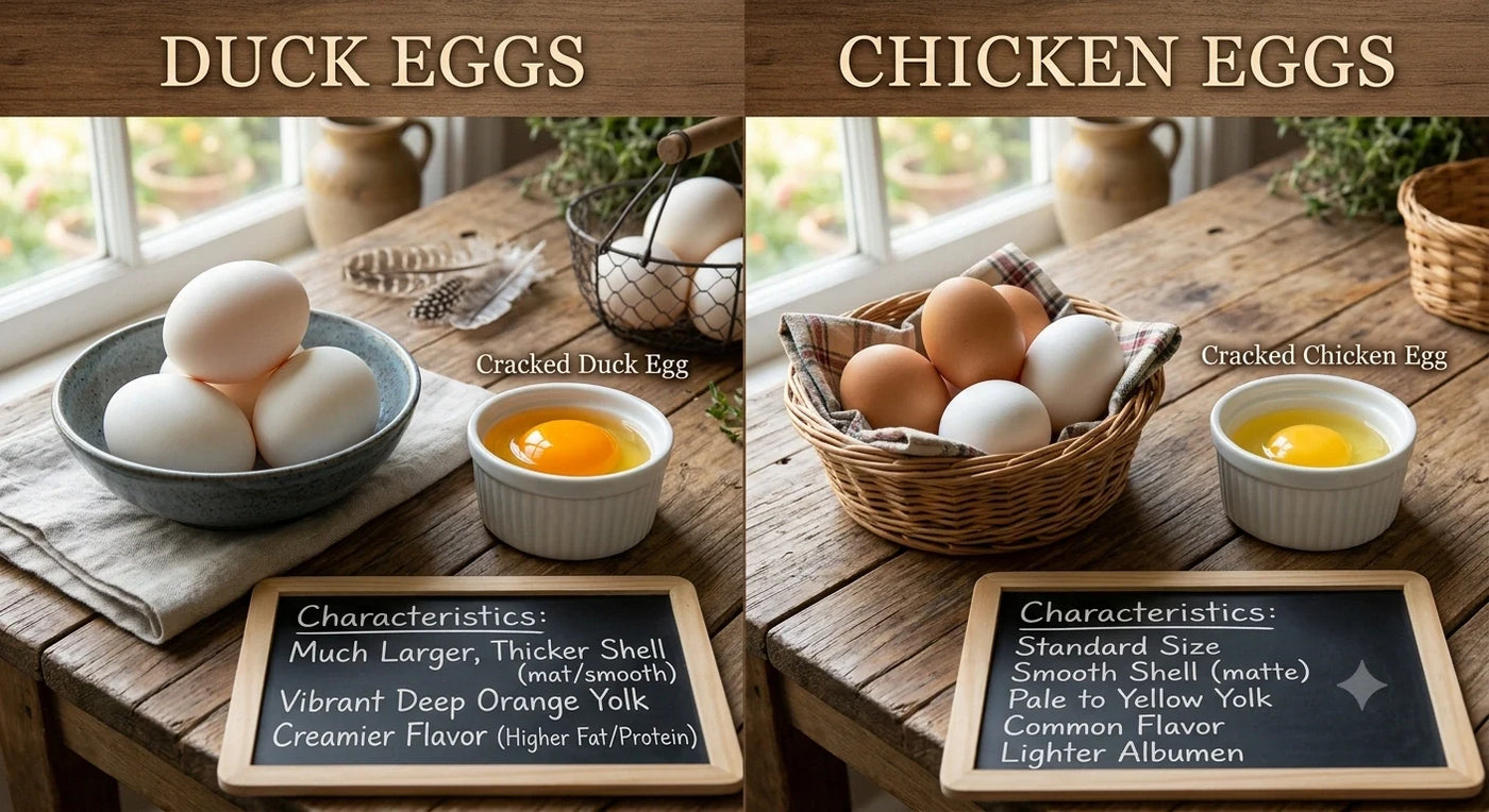 A rustic wooden basket displaying large white duck eggs next to standard brown chicken eggs.