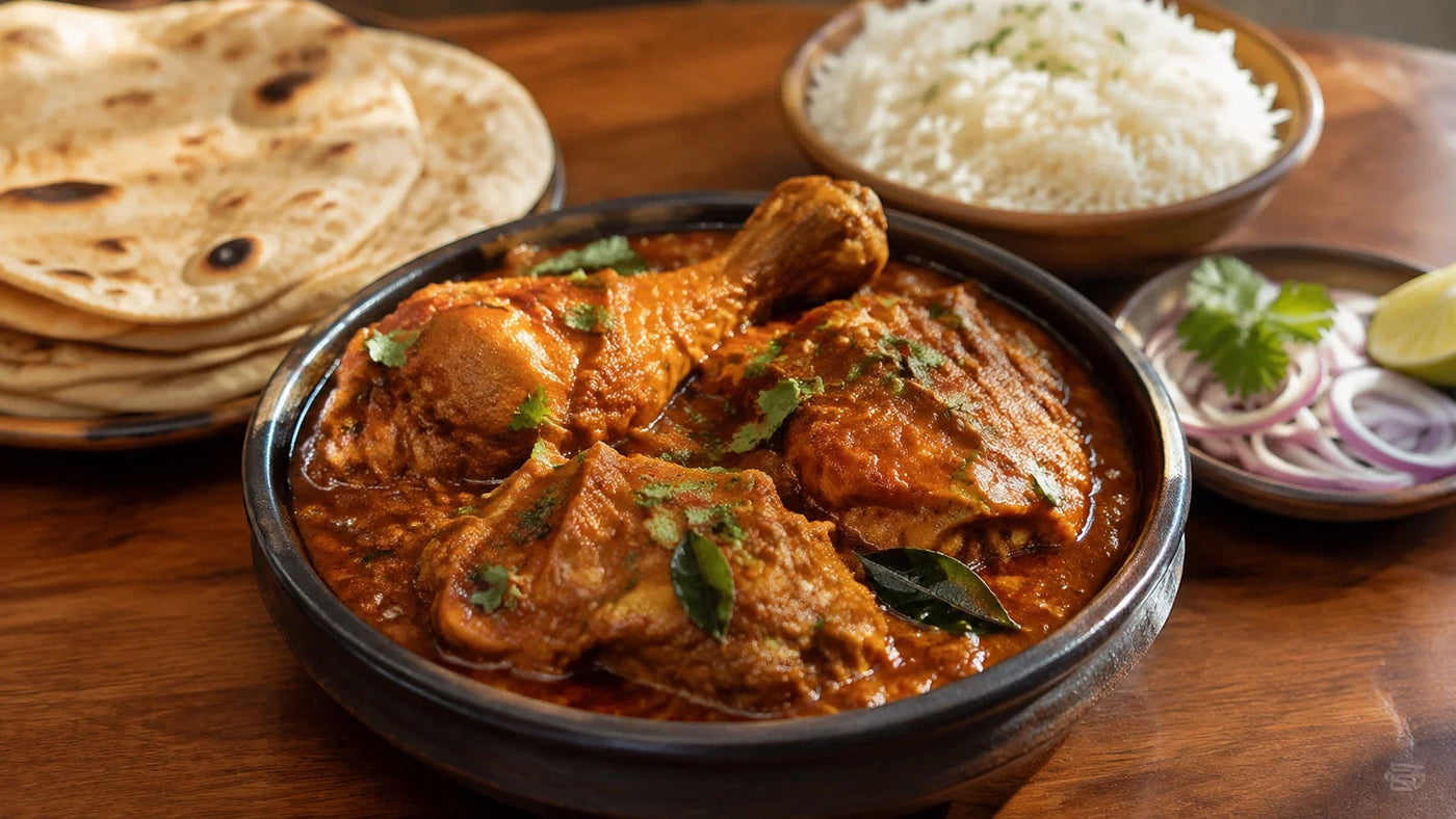  A bowl of Indian chicken curry made with mixed bone-in chicken curry cuts, served with flatbread and rice.