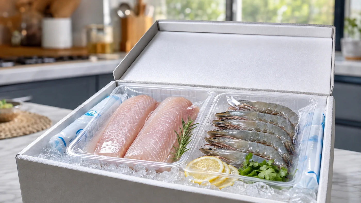 Fresh fish fillets and seafood delivered in sealed, chilled, food-safe packaging