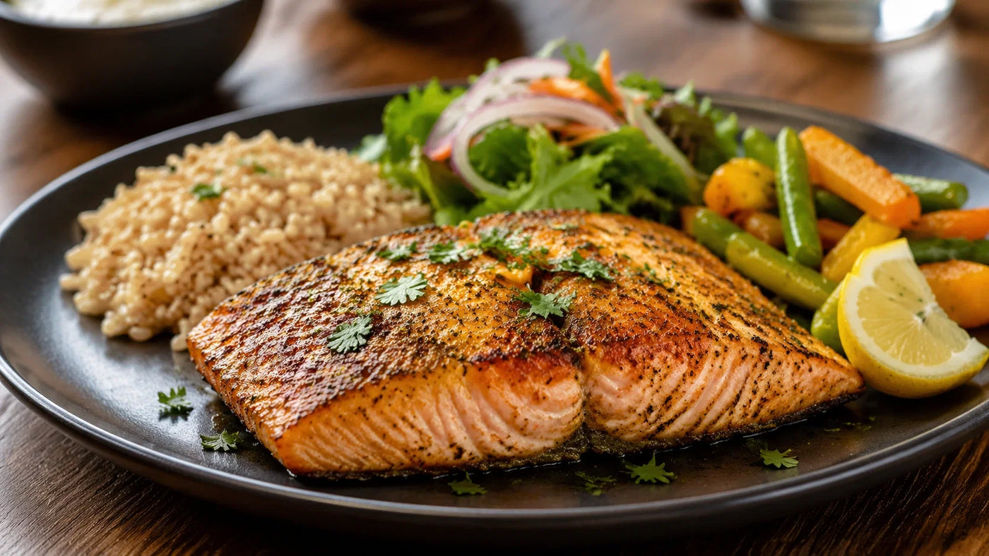Pan-seared Indian salmon rawas fillet served with brown rice, sautéed vegetables, and fresh lemon for a protein-rich meal.