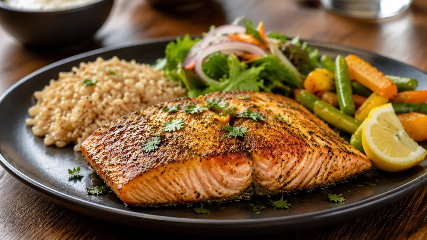 Pan-seared Indian salmon rawas fillet served with brown rice, sautéed vegetables, and fresh lemon for a protein-rich meal.