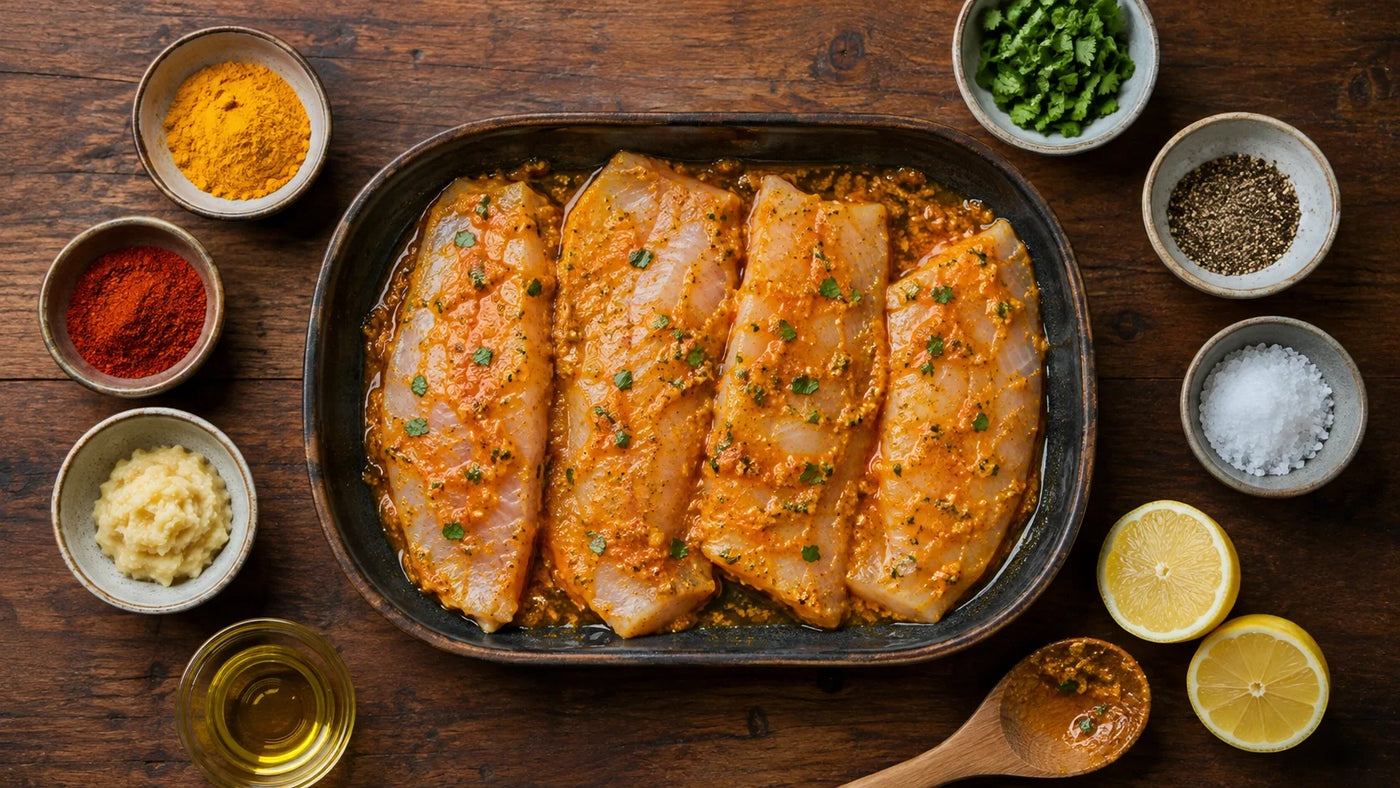 Raw fish fillets coated in a spice paste marinade, surrounded by bowls of turmeric, chilli powder, ginger-garlic, oil, and lemon.