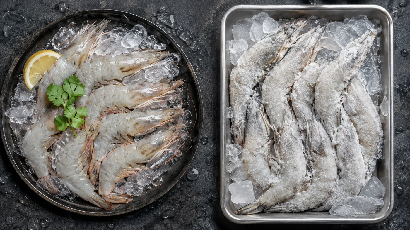 Fresh chilled prawns and sealed frozen prawns displayed side by side for comparison