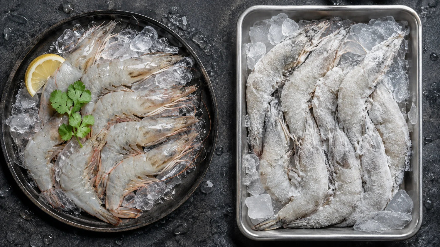 Fresh chilled prawns and sealed frozen prawns displayed side by side for comparison